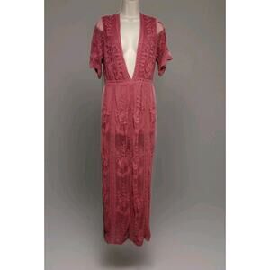 Honey Punch Womens Maxi Dress Sz Med Dusty Rose Low V-Neck Lace Embroidery Boho